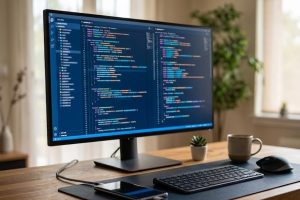 Рабочее место Android-разработчика с монитором и смартфоном