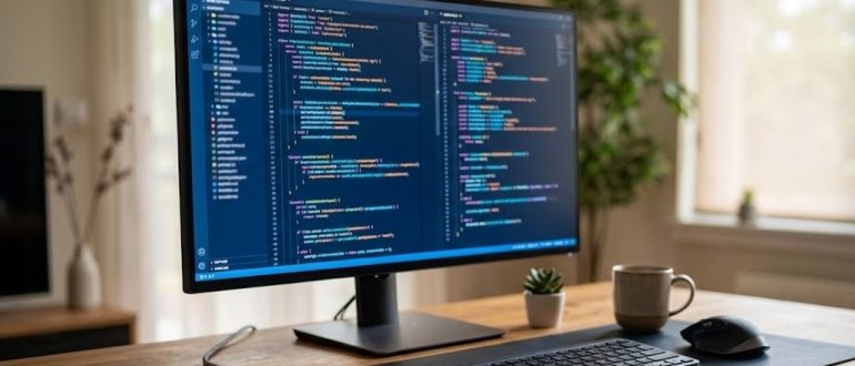 Рабочее место Android-разработчика с монитором и смартфоном