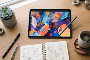 Рабочее место создателя цифровой коллекции с планшетом и эскизами