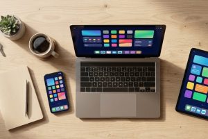Рабочий стол с ноутбуком, смартфоном и планшетом с цифровыми сервисами