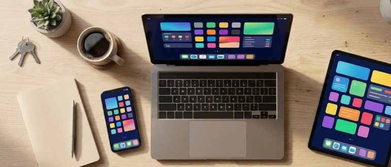 Рабочий стол с ноутбуком, смартфоном и планшетом с цифровыми сервисами