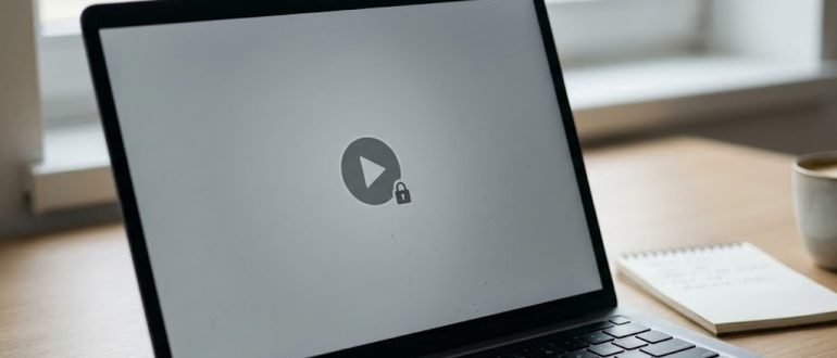 Серый экран видеоплеера с иконкой замка на ноутбуке