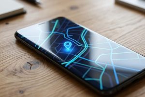 Смартфон на Android с отметкой местоположения на карте