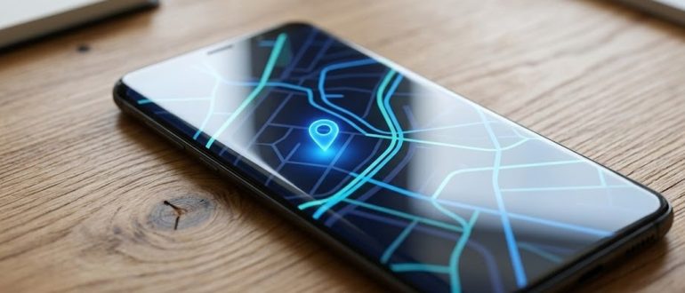 Смартфон на Android с отметкой местоположения на карте