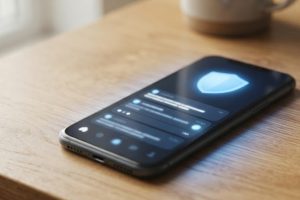 Смартфон с уведомлением о защите от спама на рабочем столе