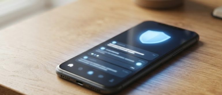 Смартфон с уведомлением о защите от спама на рабочем столе